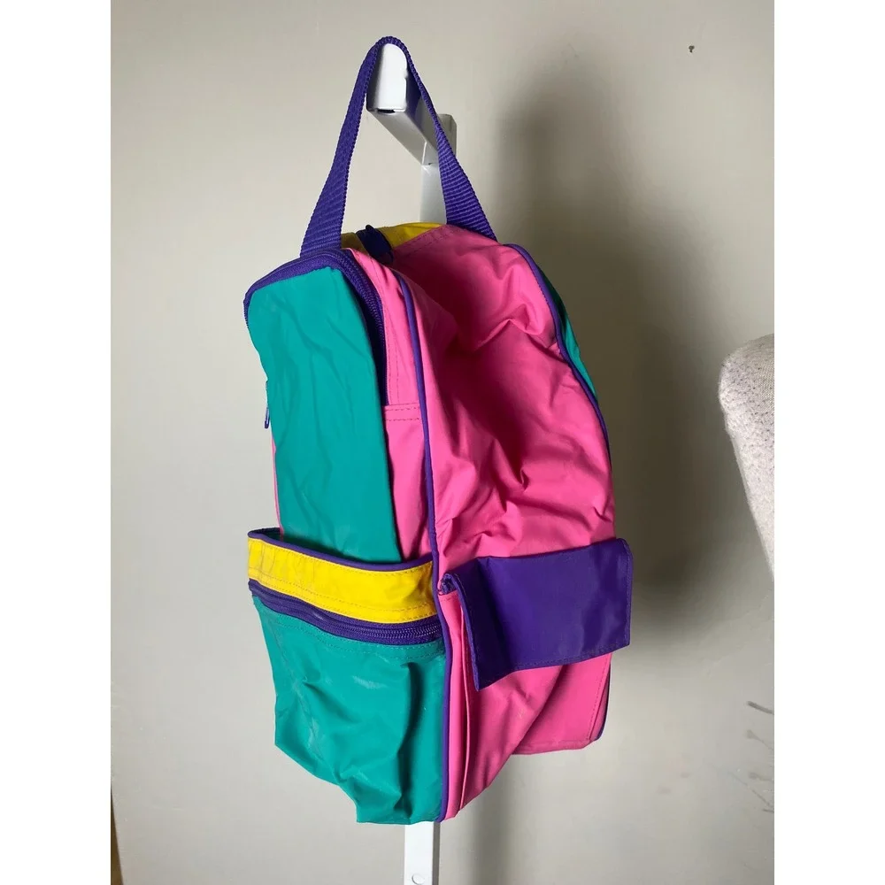 Vintage 80s 90s Colorblock Backpack Pink Yellow Teal Retro Vinyl School Bag